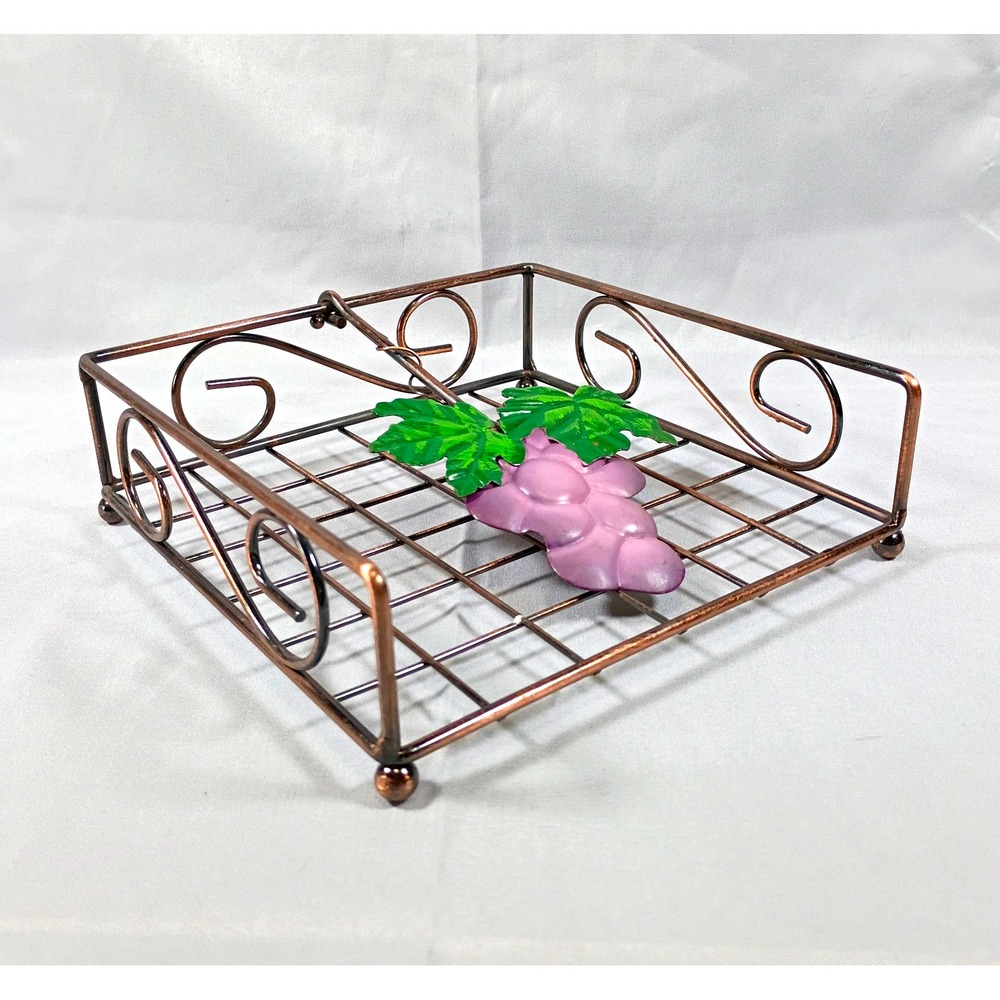 Vintage Tuscan Style Metal Wire Napkin Holder. Copper Finish Grape & Leaf Motif